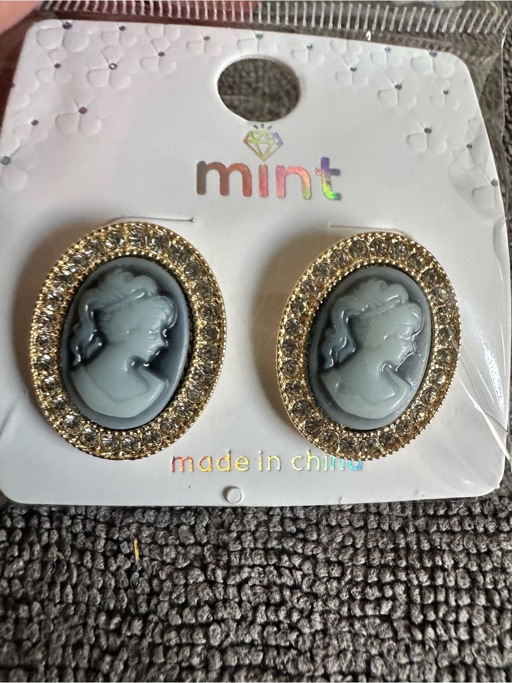 Mint Gold Cameo Stud Earrings with Gray Cameos and Crystal Halo